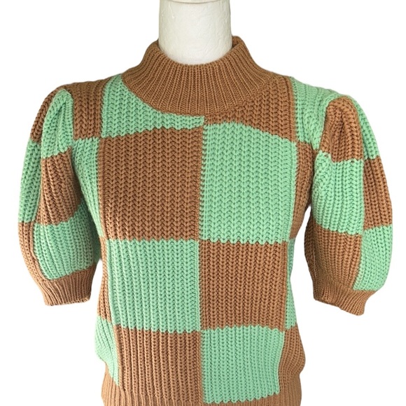 NWT English Factory Mint Green Tan Check Plaid Puff Sleeve Crop Sweater - XS - Picture 8 of 16